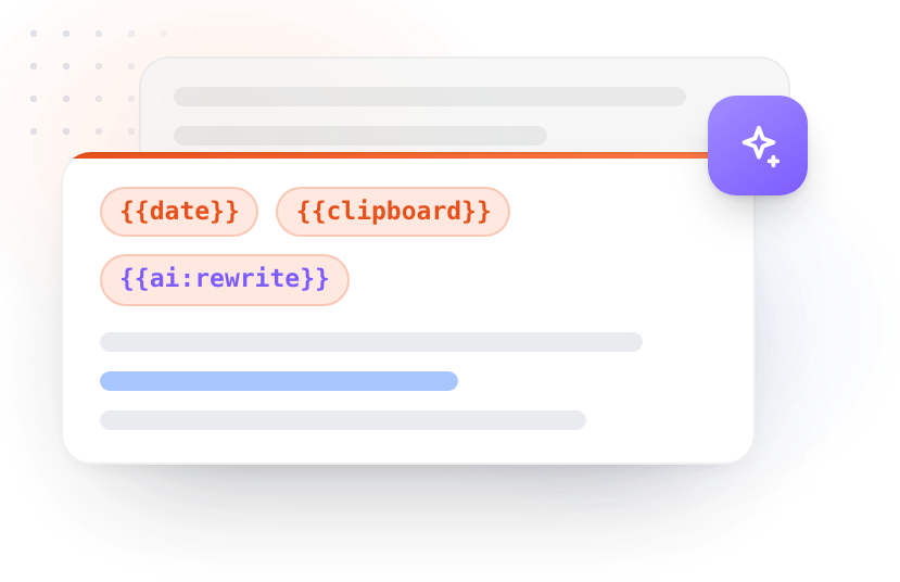 A snippet body with date, clipboard and AI tokens
