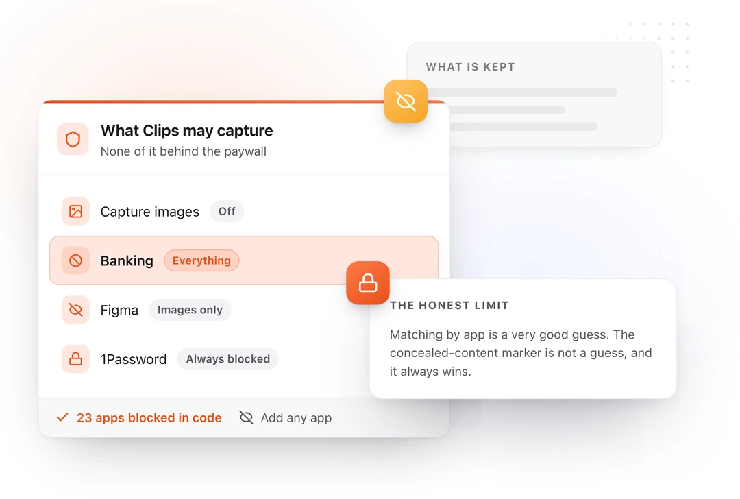 Clipboard capture settings with image capture off, per-app rules for blocking everything or images only, and a permanently blocked password manager