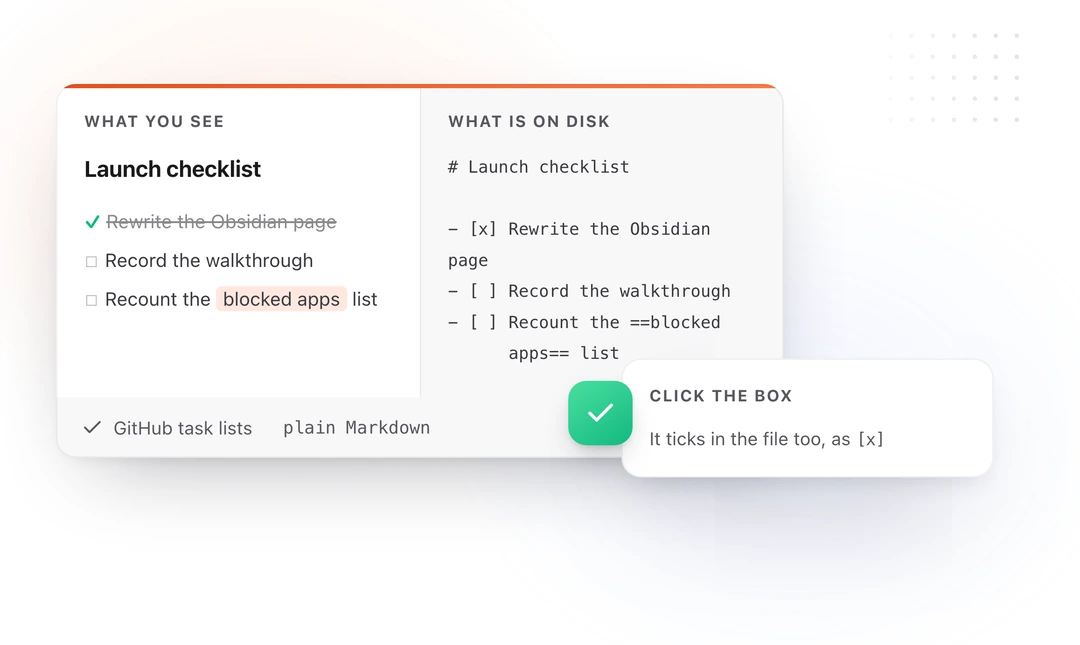 A checklist with ticked and unticked boxes beside the raw Markdown showing bracket x and bracket space