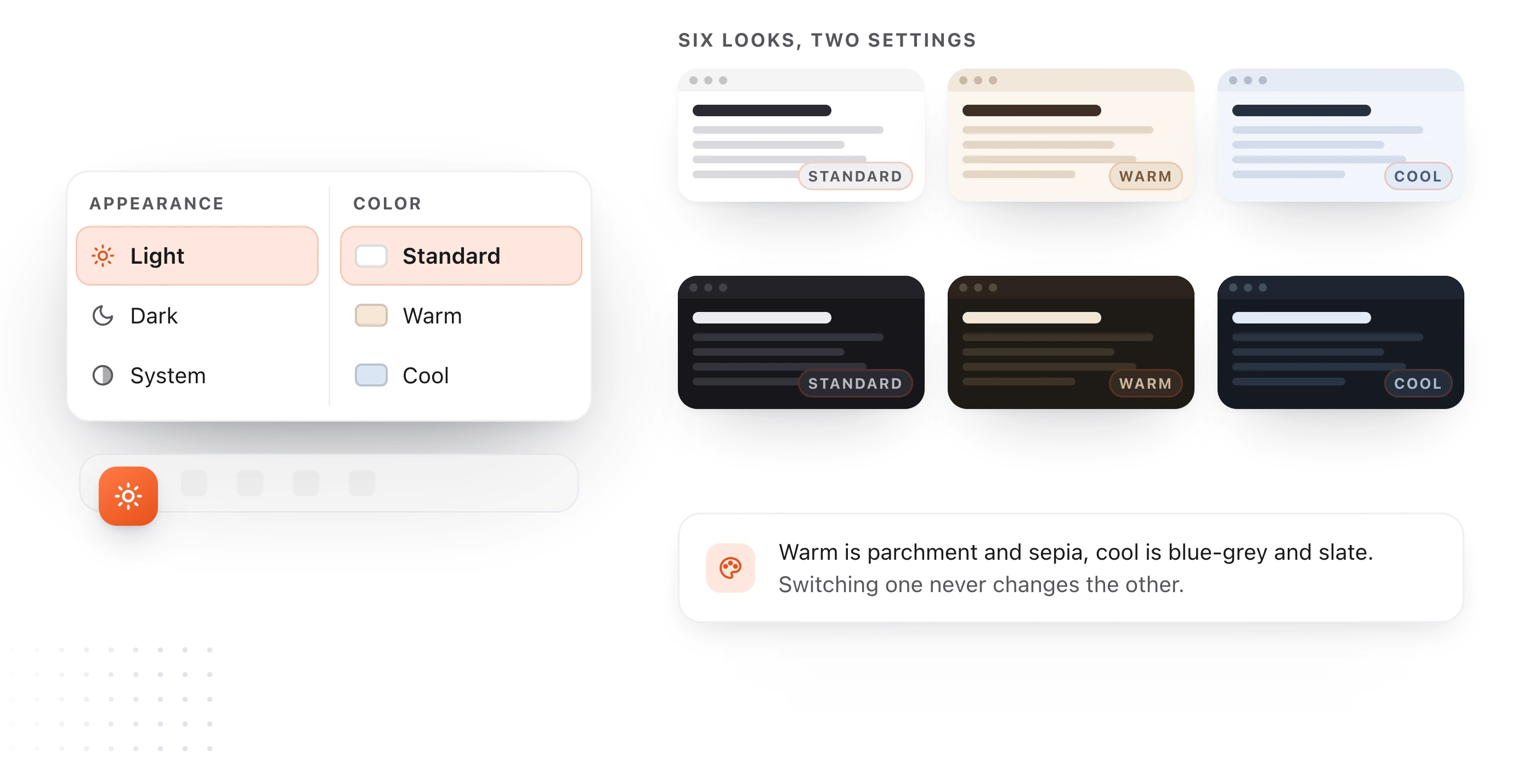 The appearance picker with Light, Dark and System on one side and Standard, Warm and Cool on the other, beside the same note shown in all six looks