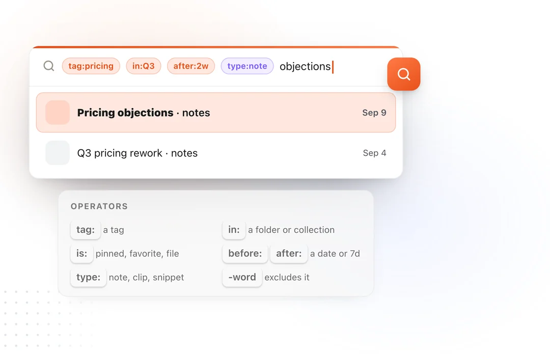 A search box with tag, in, after and type operators drawn as capsules, one result highlighted, and a tooltip listing every operator