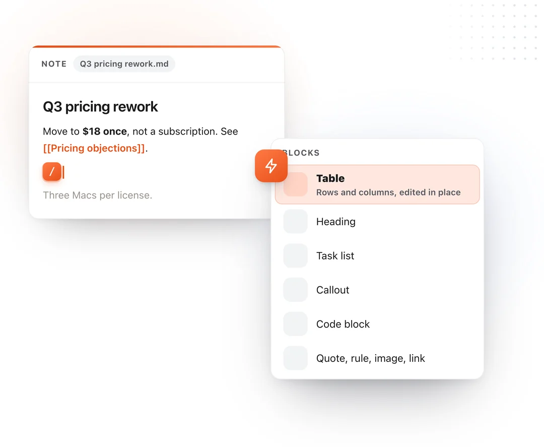 A note with a slash typed on an empty line and the block menu open beside it: table, heading, task list, callout, code block