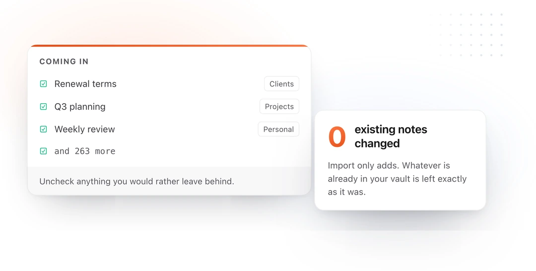 An import preview listing the notes about to be brought in with their destination collections, beside a panel reading zero existing notes changed