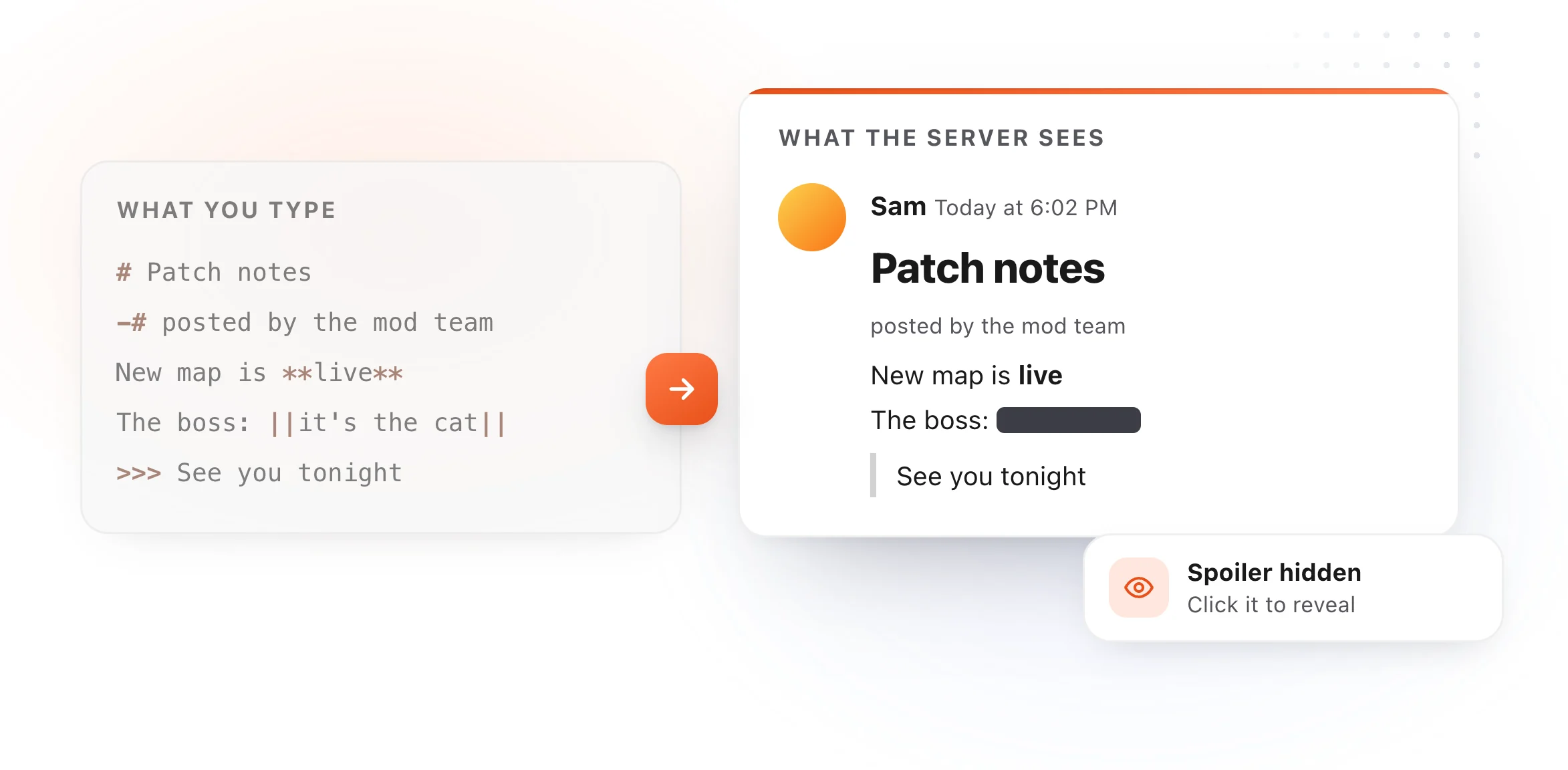 Discord Markdown typed with a header, subtext, bold, a spoiler and a multi-line quote, and the message the server sees