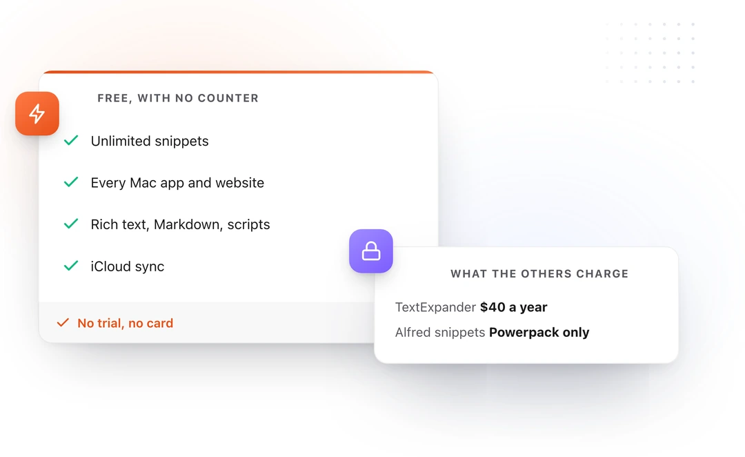 A list of what TypeFire includes at no cost, beside what TextExpander and Alfred charge