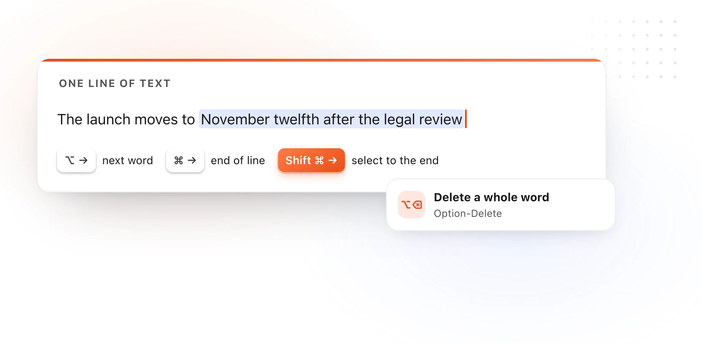 A line of text with the cursor jumping by word with Option-Arrow and to the line end with Command-Arrow, and Shift selecting along the way
