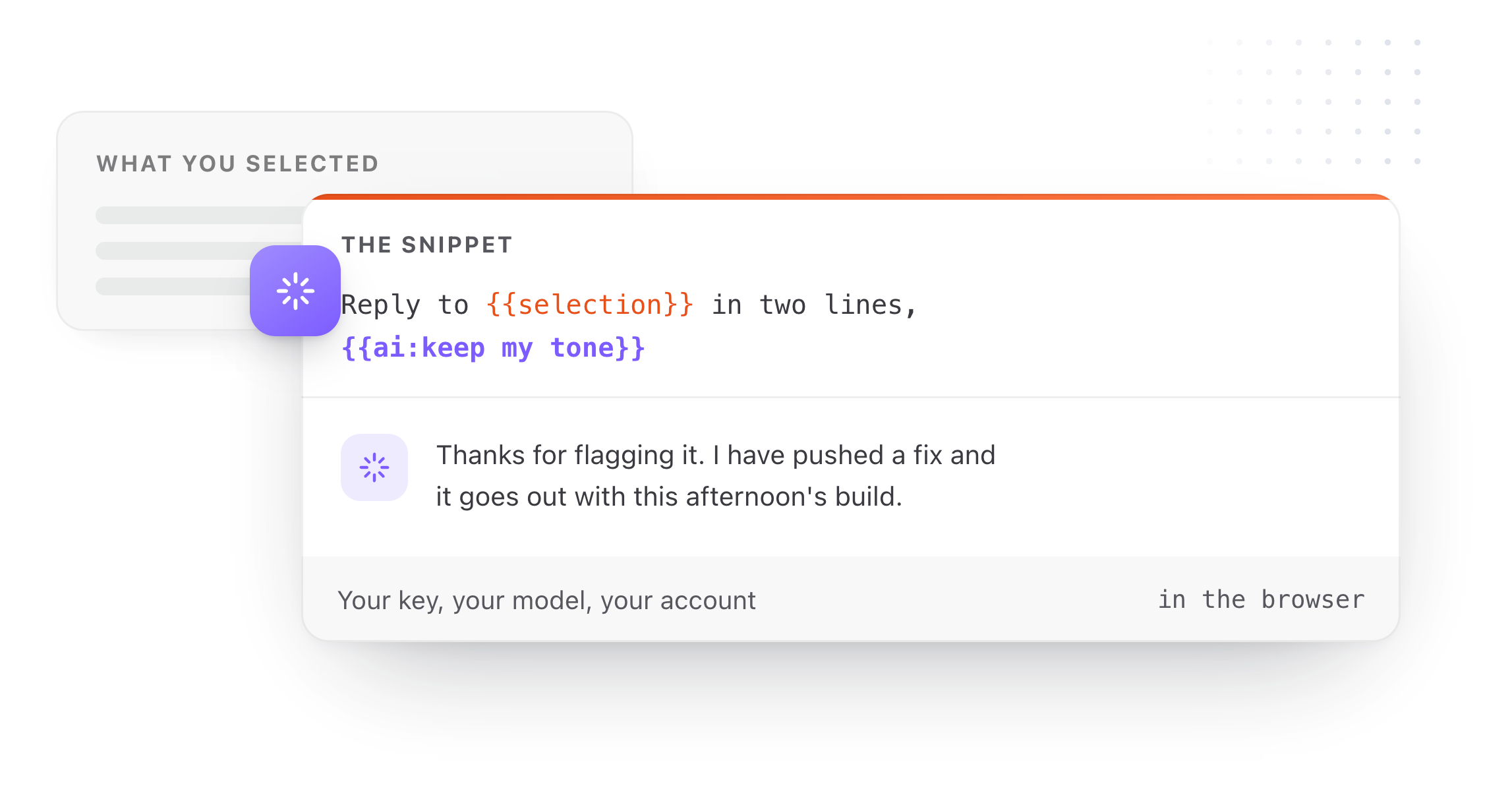 A snippet body with date, clipboard and AI tokens