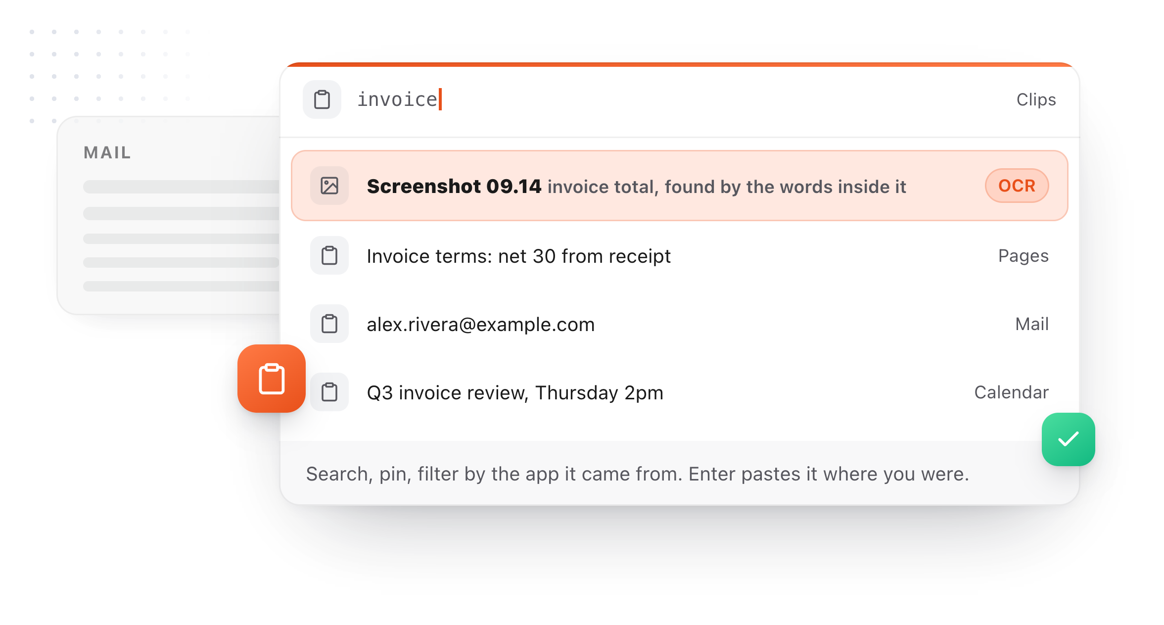 Clipboard history searched from a hotkey over Mail on macOS, with a screenshot found by the words inside it