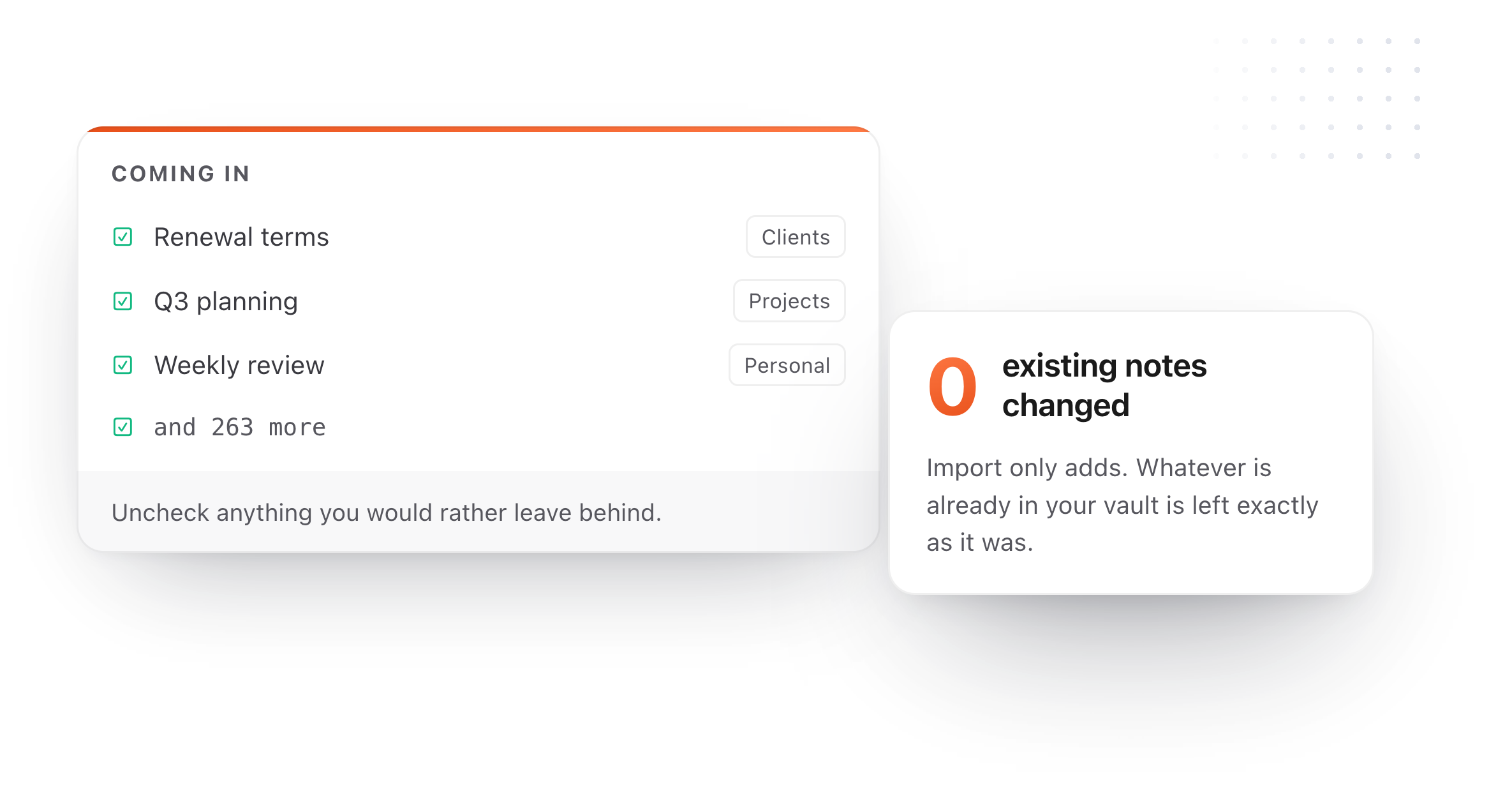 An Apple Notes import preview where you uncheck what to leave behind, and no existing note is changed
