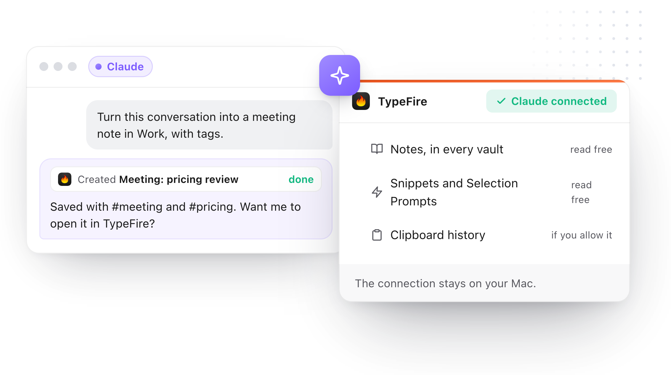 Claude turning a conversation into a meeting note in the Work vault through TypeFire, with Claude shown as connected