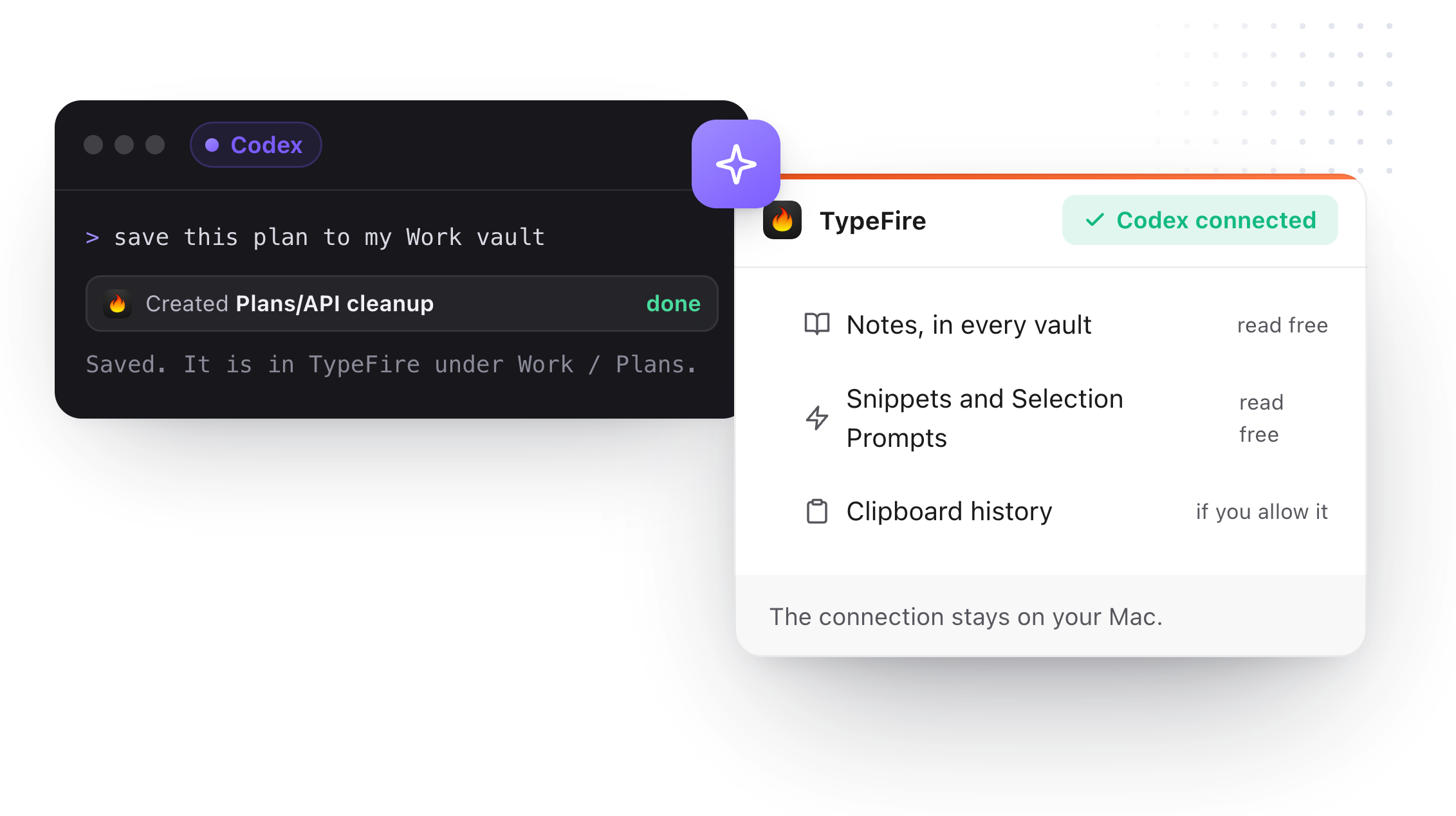 Codex in the terminal saving a plan to the Work vault through TypeFire, with Codex shown as connected
