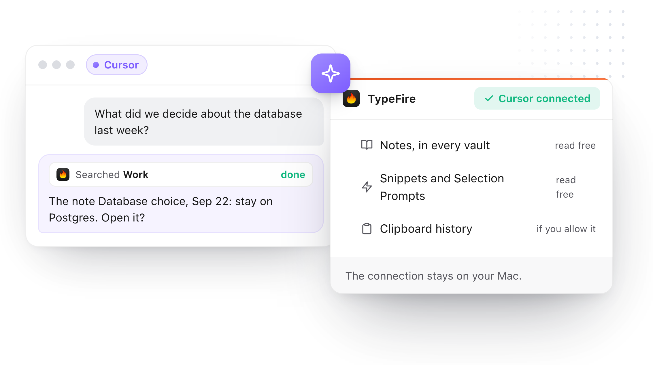 Cursor asking what was decided about the database and TypeFire answering from the Work vault, with Cursor shown as connected