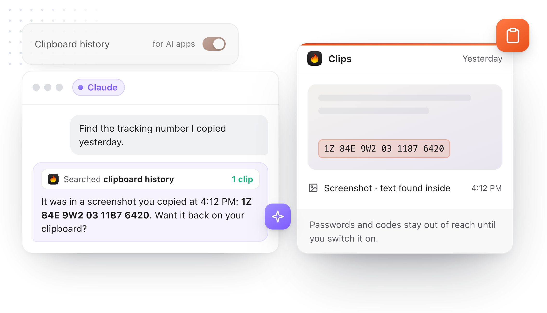 Claude finding a tracking number copied in a screenshot yesterday, from TypeFire's clipboard history, with the Clipboard history switch on