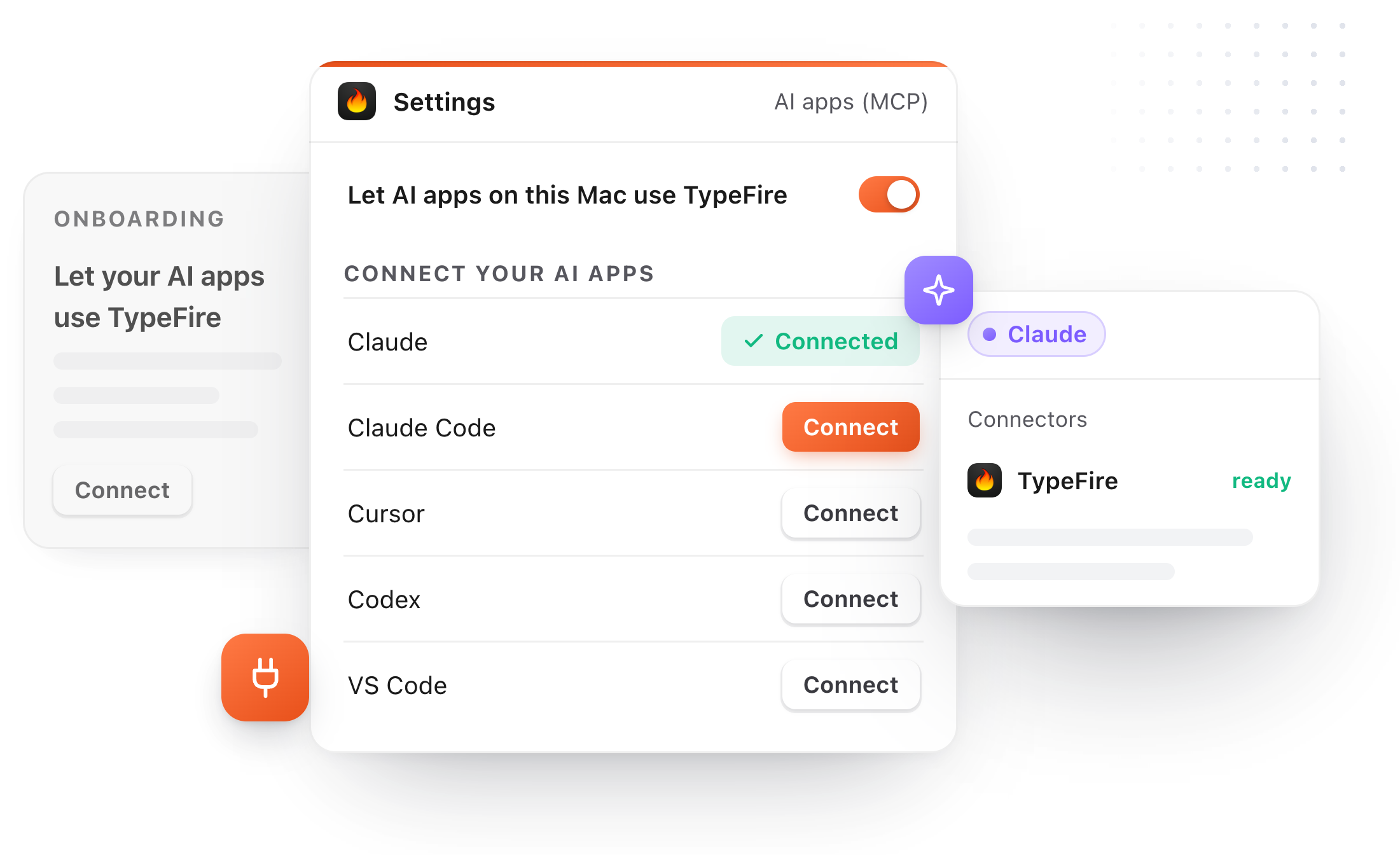 TypeFire's AI apps (MCP) settings with a Connect button beside Codex