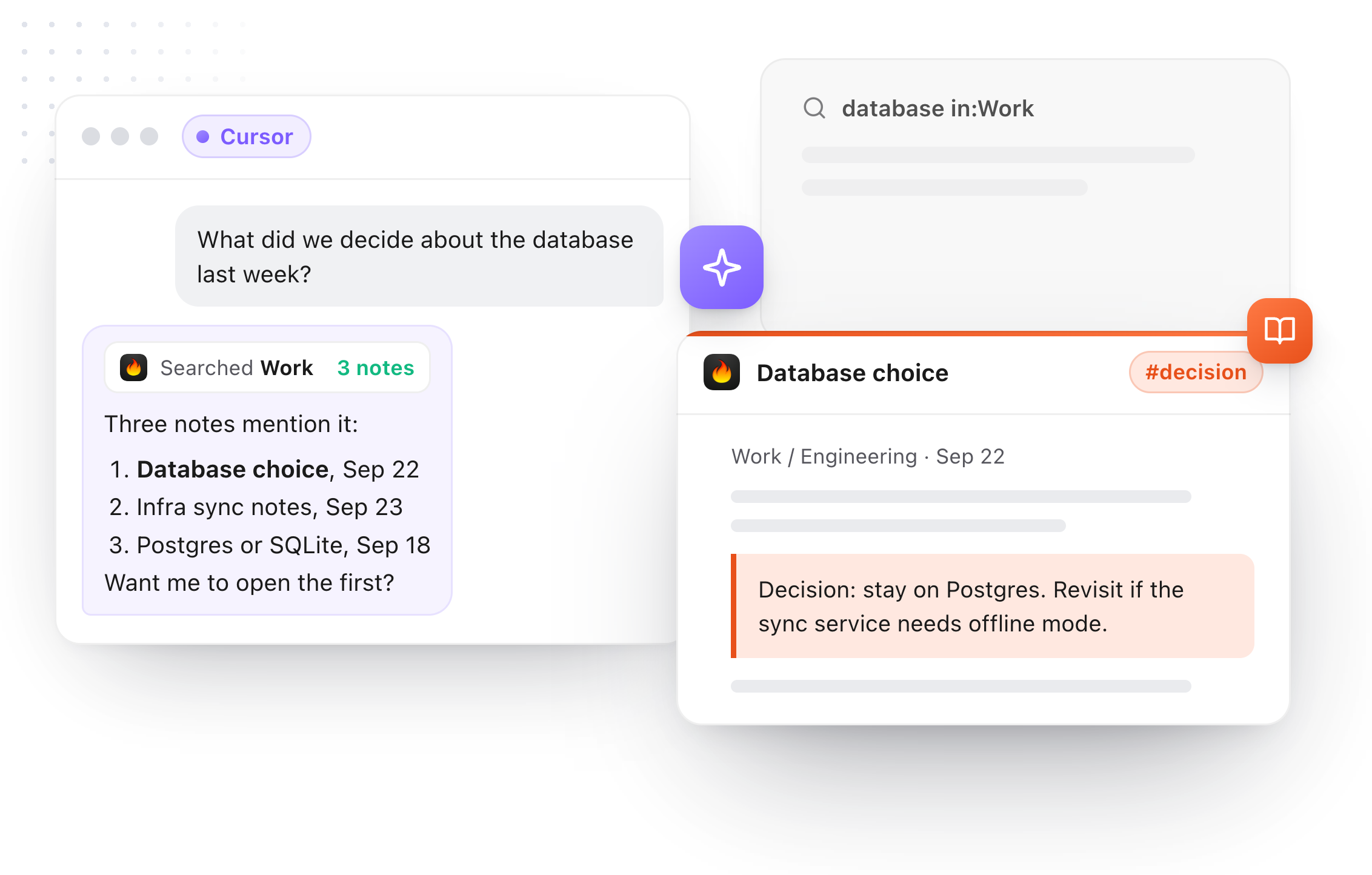 Cursor asking about a database decision and TypeFire returning a numbered list of notes, with the decision note open