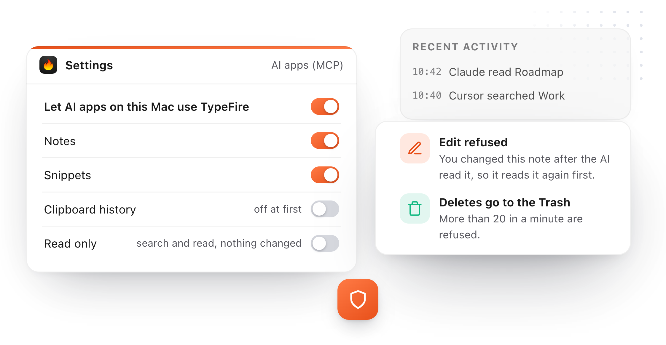 TypeFire's switches for AI apps, with Read only, and an edit refused because the note changed