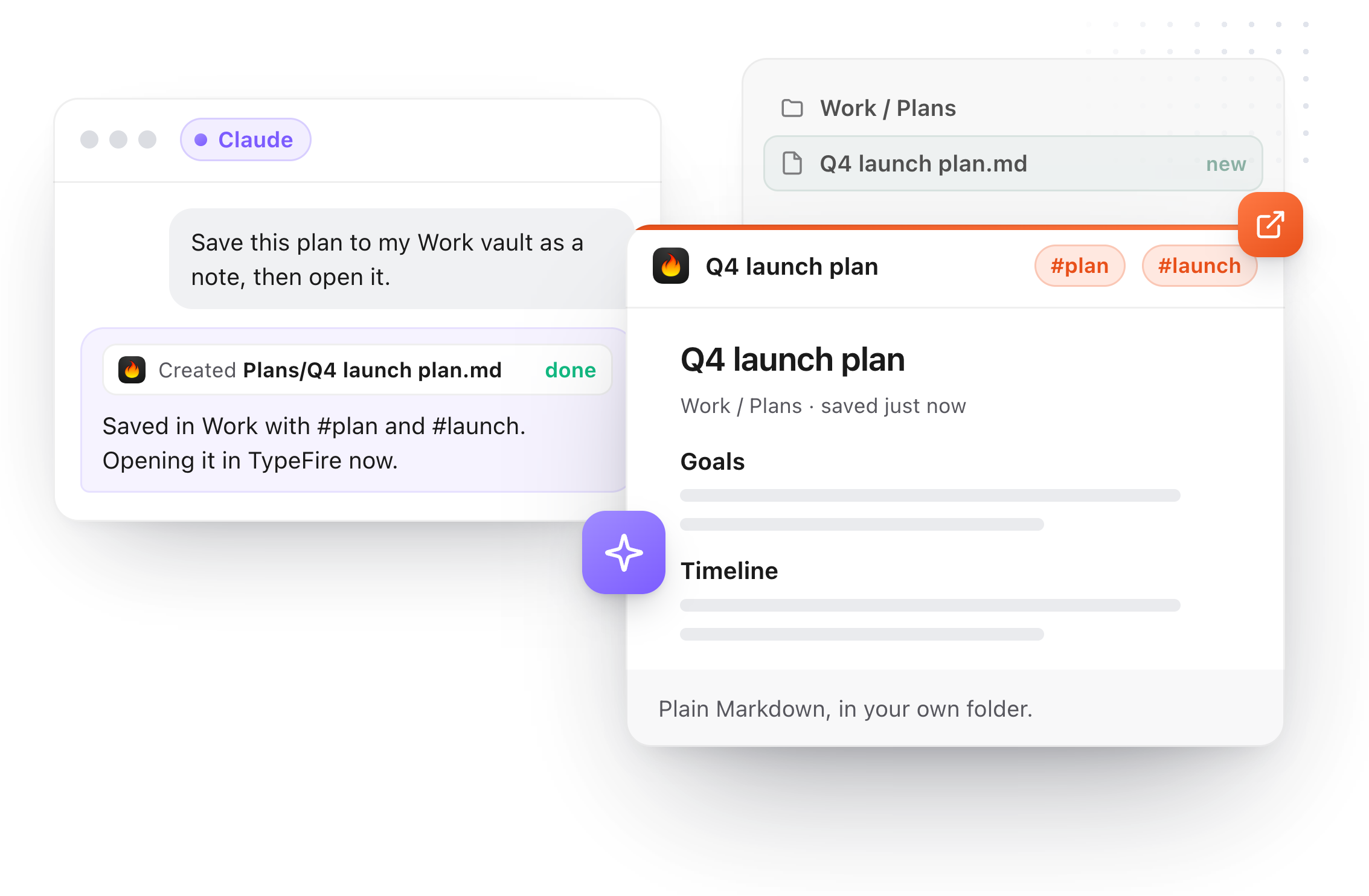 An AI app saving a plan as a note in the Work vault, and the note open in TypeFire