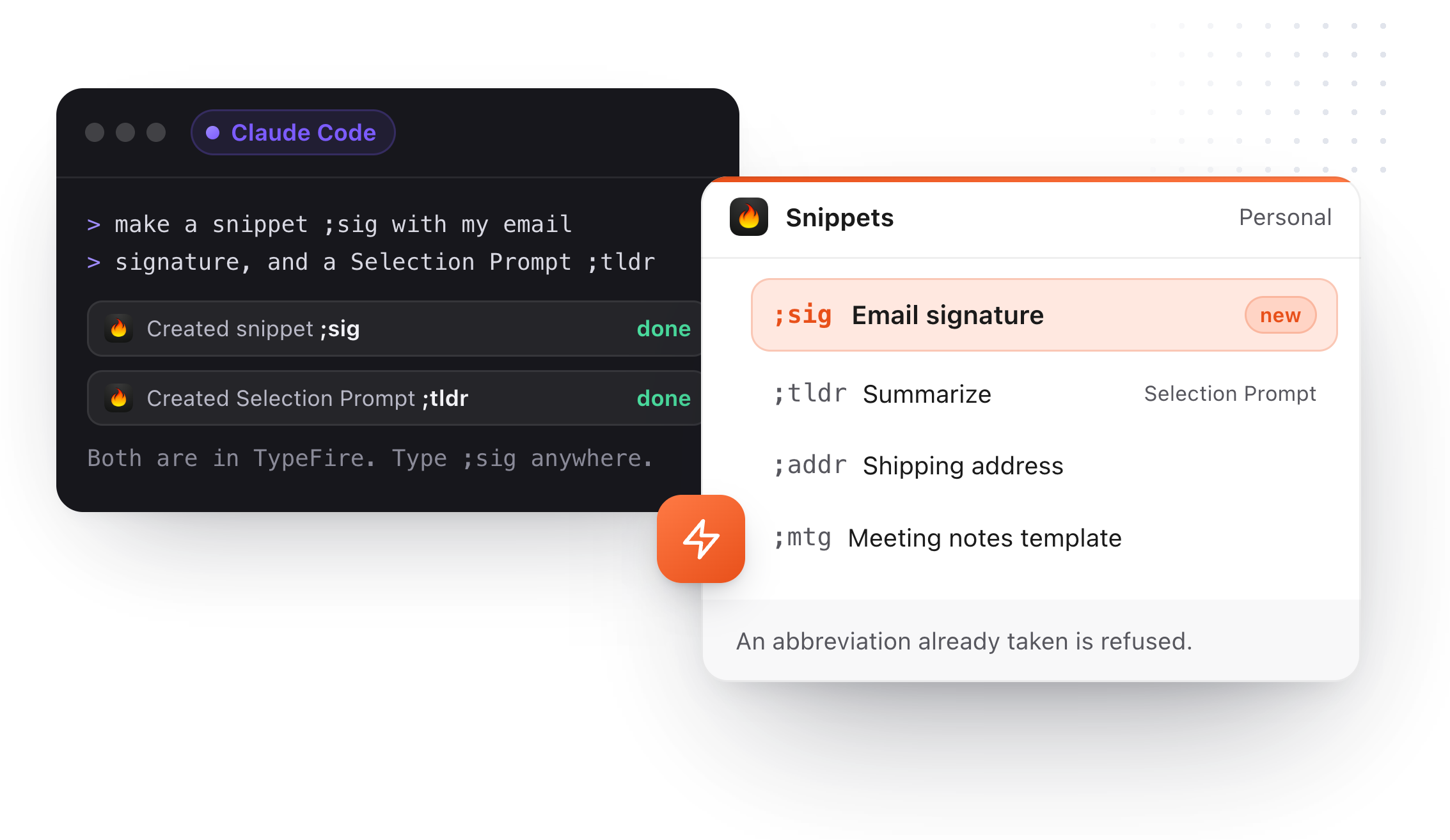 Claude Code creating a ;sig snippet and a ;tldr Selection Prompt, and both showing in TypeFire's Snippets