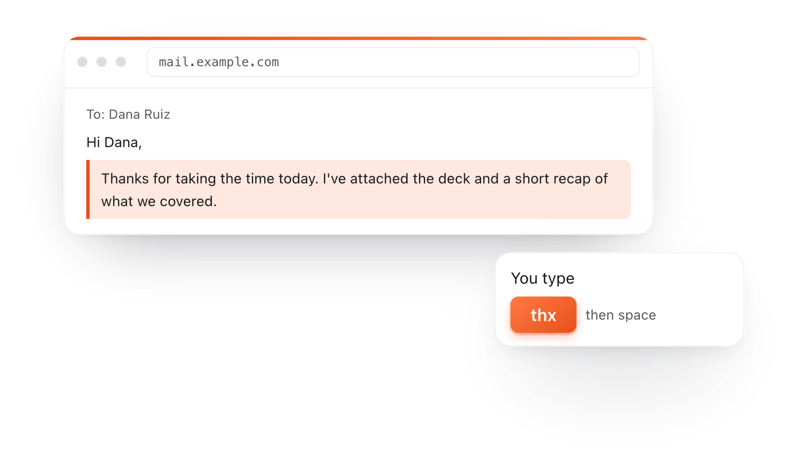 In a browser email, typing thx and a space expands into a whole thank-you reply