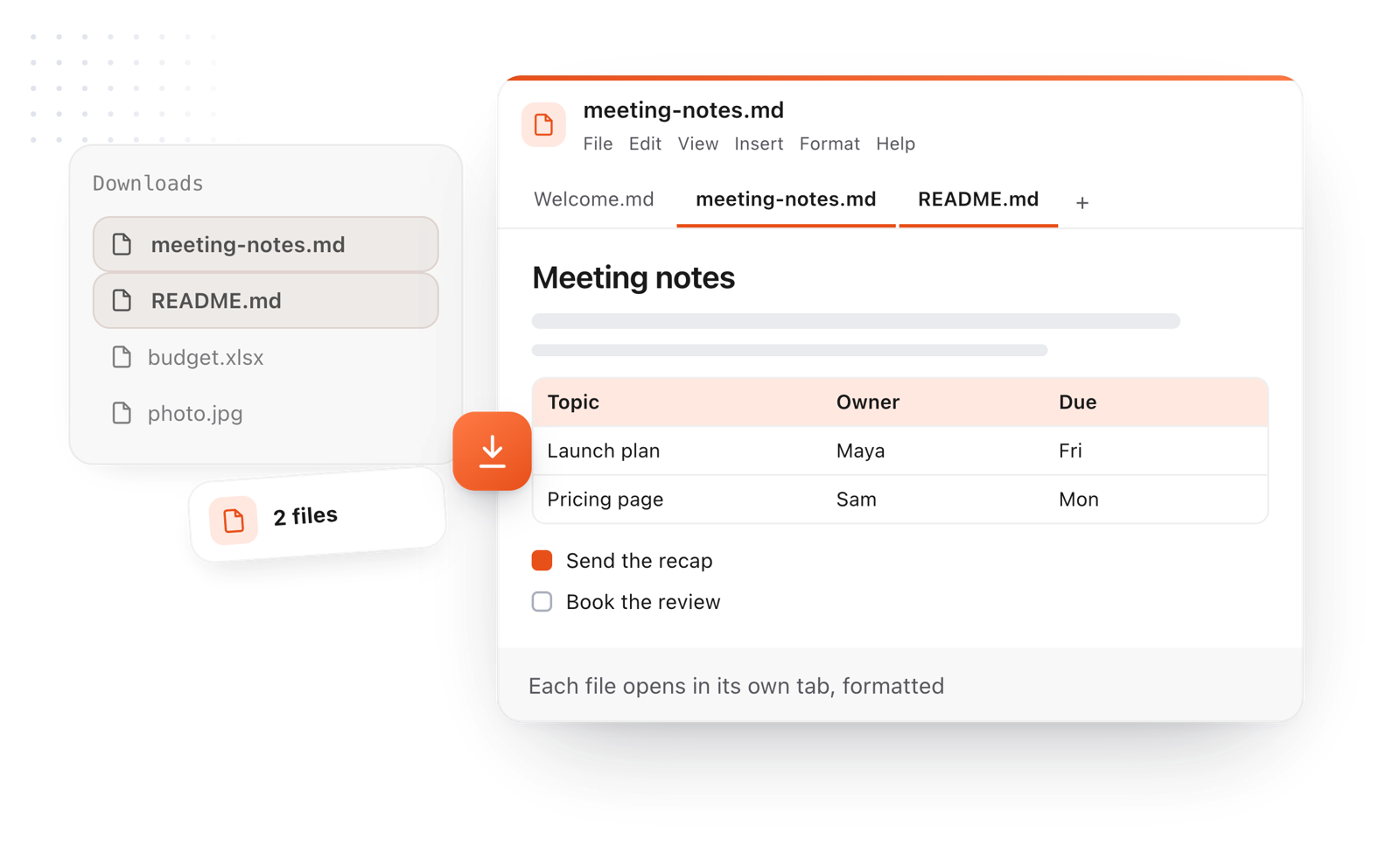 Two Markdown files dropped onto the page open as tabs in the editor, formatted, with a table and a task list
