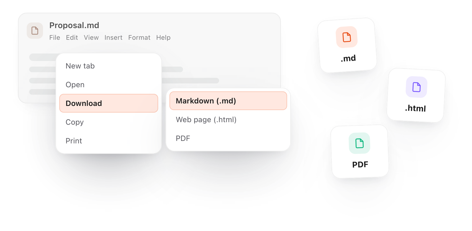 Download a document as Markdown, a web page or a PDF from the File menu