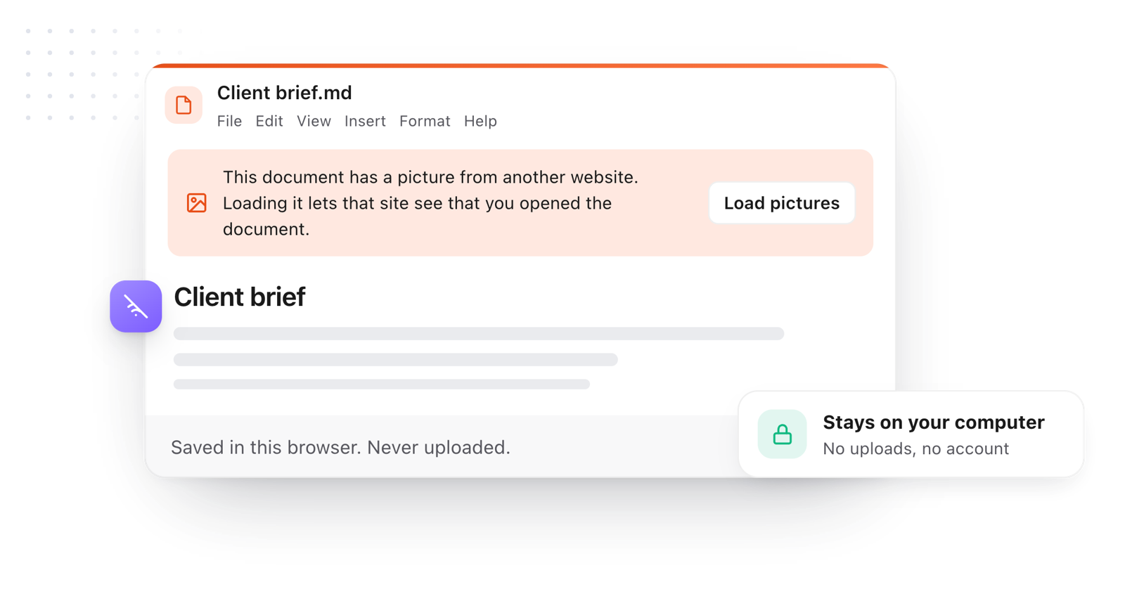 A document open in the editor, saved in the browser and never uploaded, with pictures from other websites waiting for Load pictures