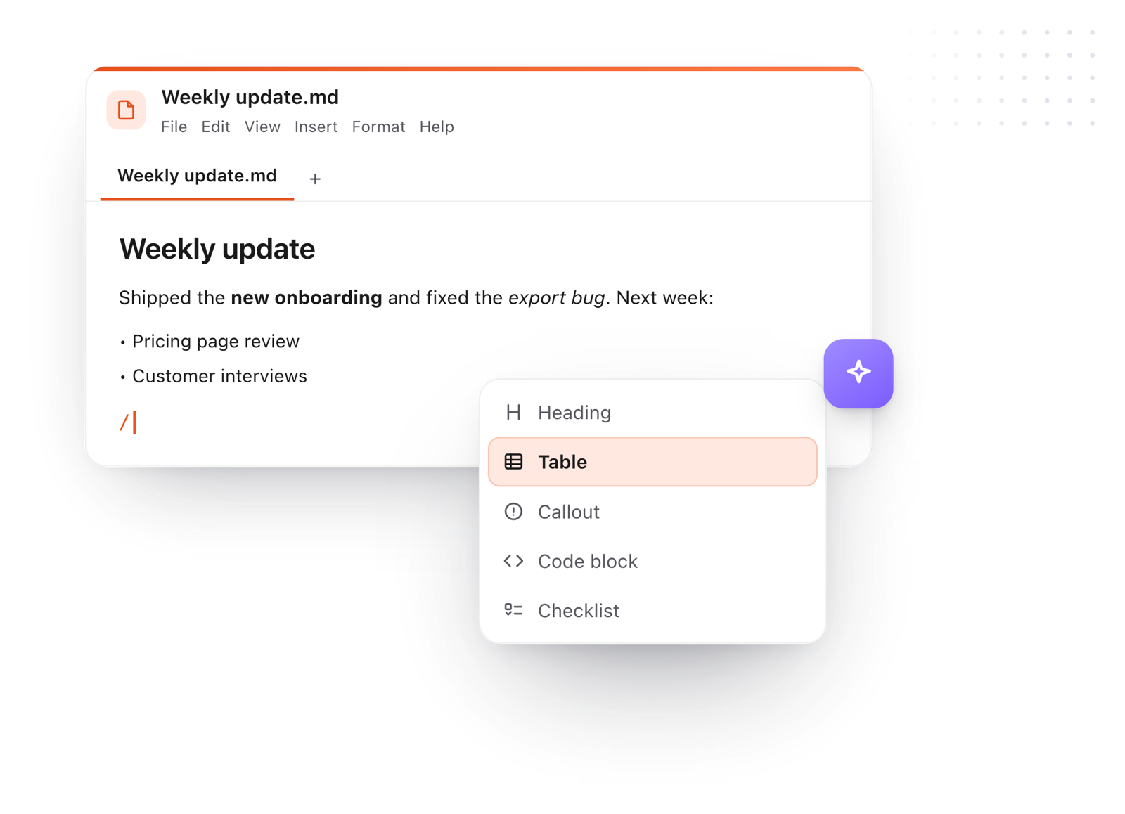 Writing a note with the slash menu open on Heading, Table, Callout, Code block and Checklist