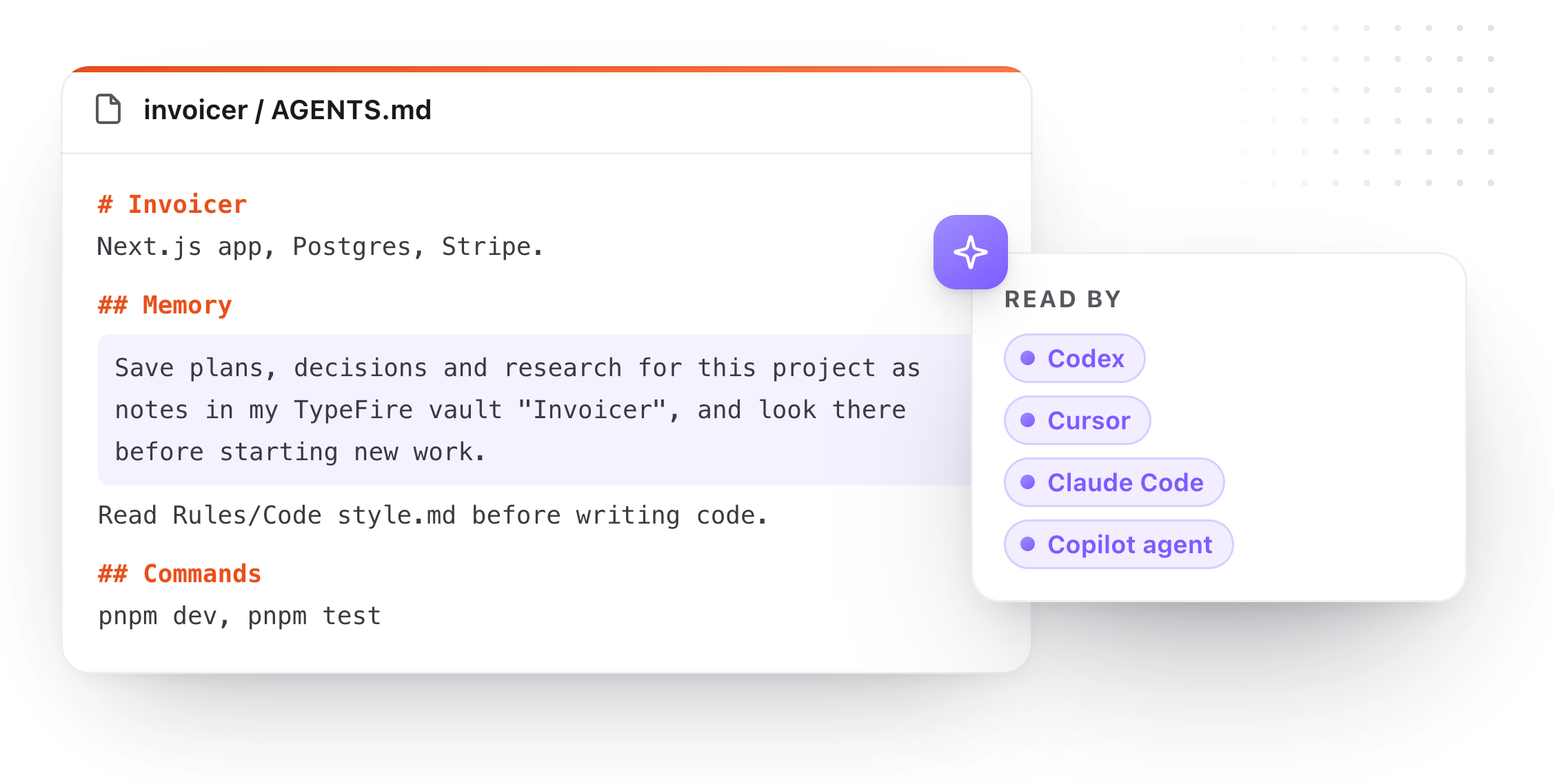 An AGENTS.md example with a Memory section pointing every agent, Codex, Cursor, Claude Code and Copilot, at a TypeFire notes vault