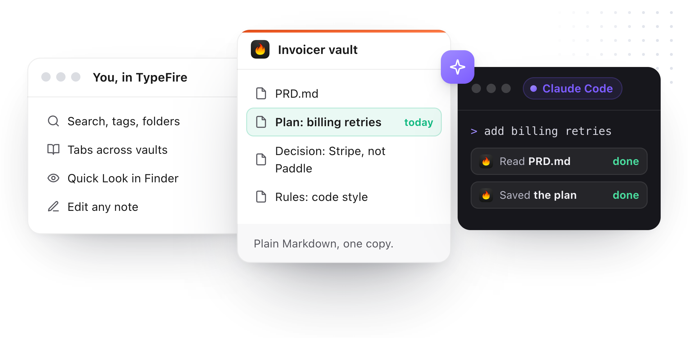 Two doors to one notebook: you search, tab and edit notes in TypeFire, while Claude Code reads the PRD and saves a plan into the same vault through MCP