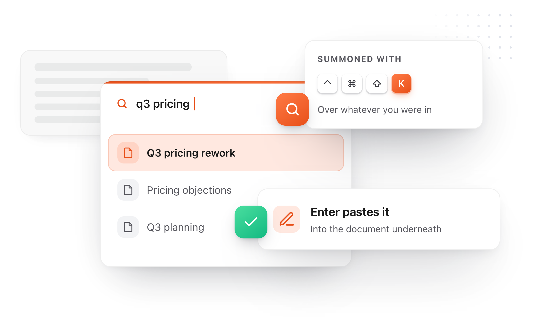 The notes search overlay floating over another application, with a note selected and ready to insert