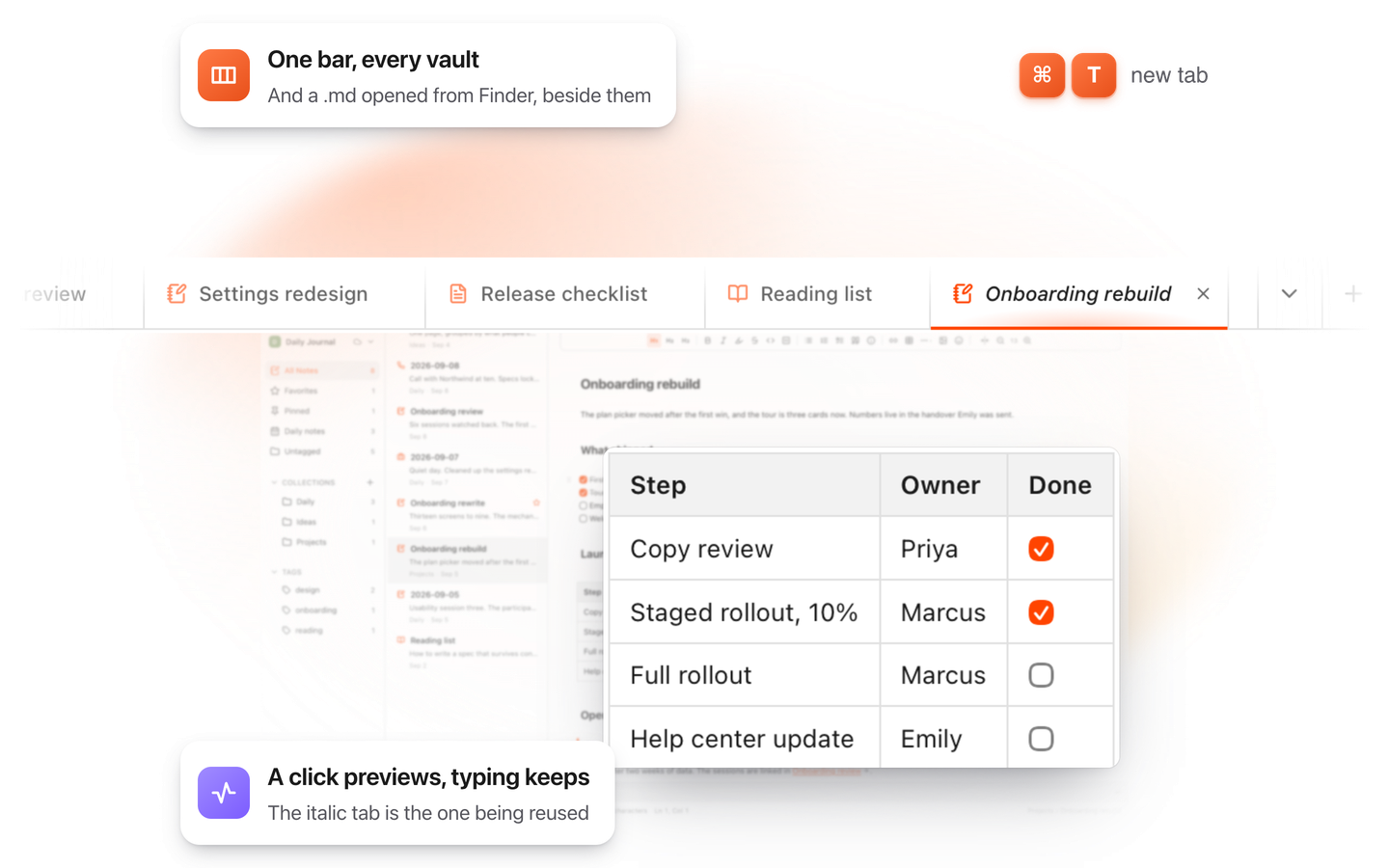 The TypeFire tab bar with four tabs open: notes from a vault, a Markdown file opened from Finder, and the active preview tab shown in italic, above a table with clickable checkboxes