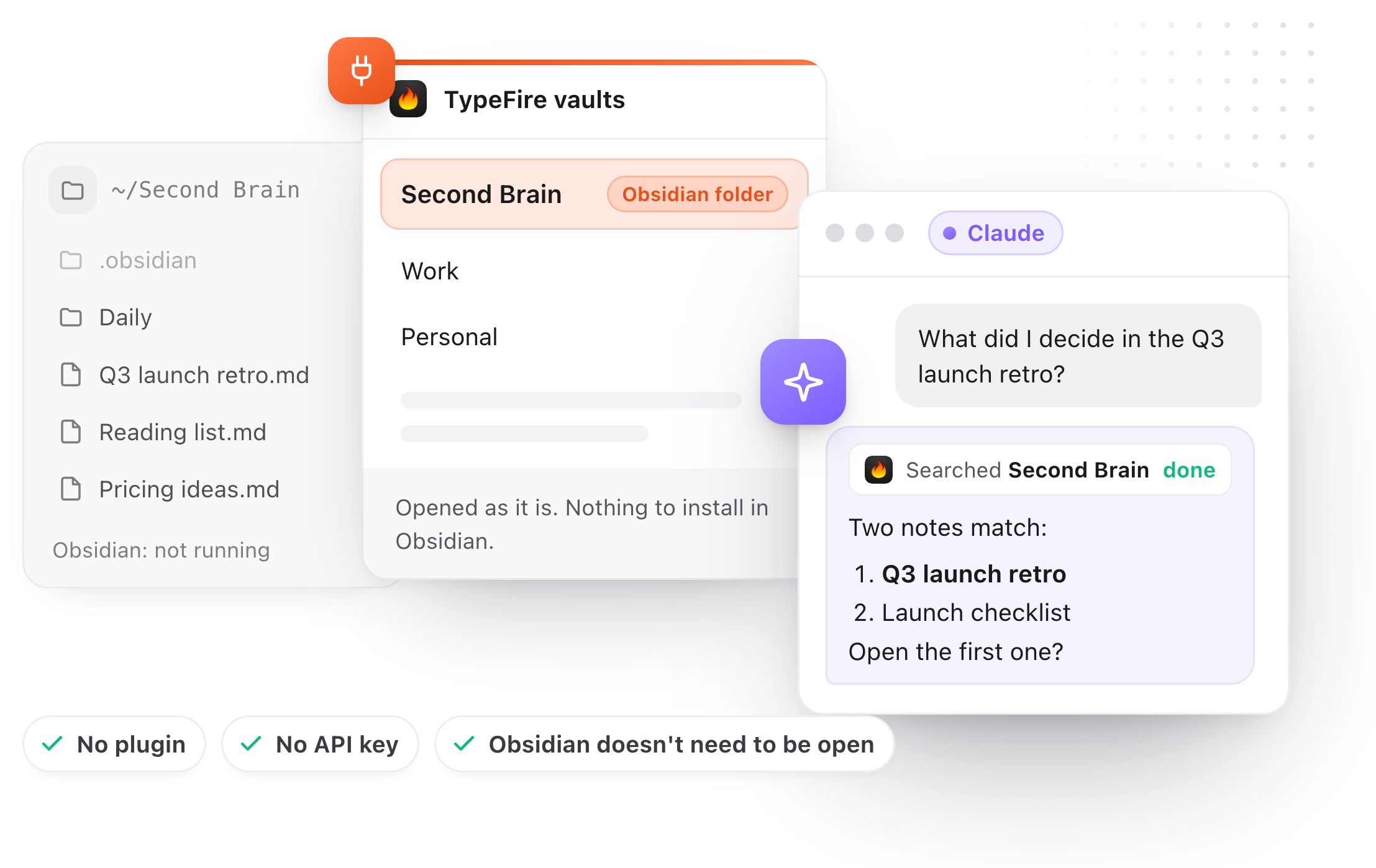 An Obsidian vault folder added to TypeFire as a vault, and Claude searching it and listing two matching notes, with no plugin, no API key and Obsidian not running