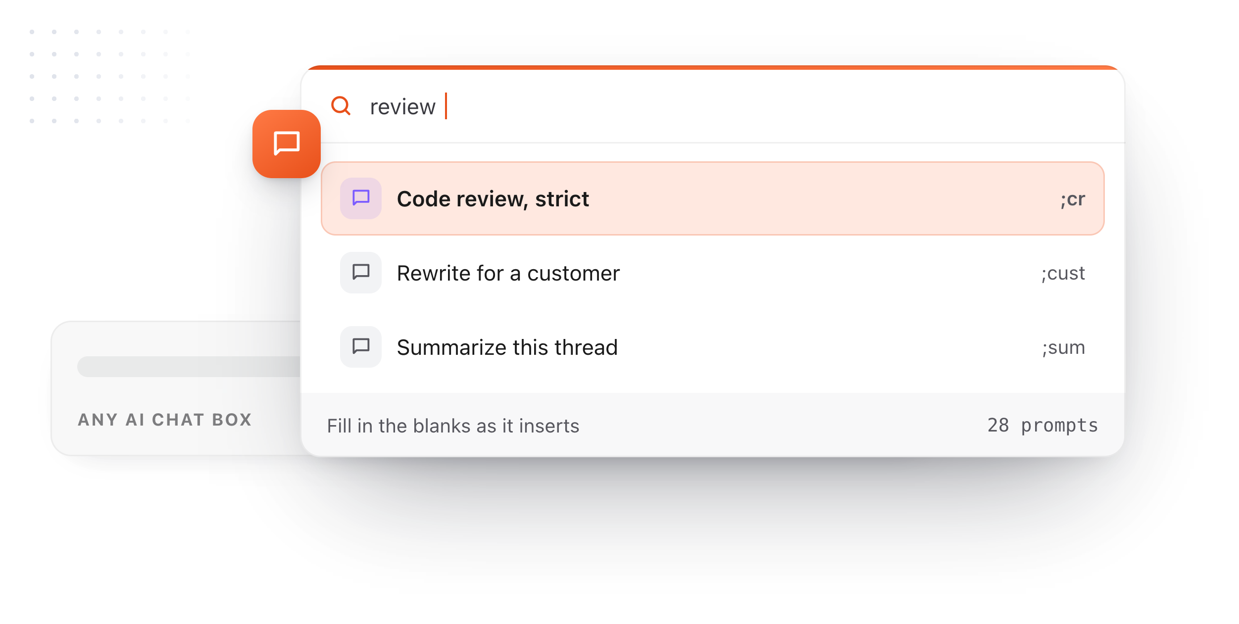 A saved prompt library searched from a chat box, each prompt with its own abbreviation