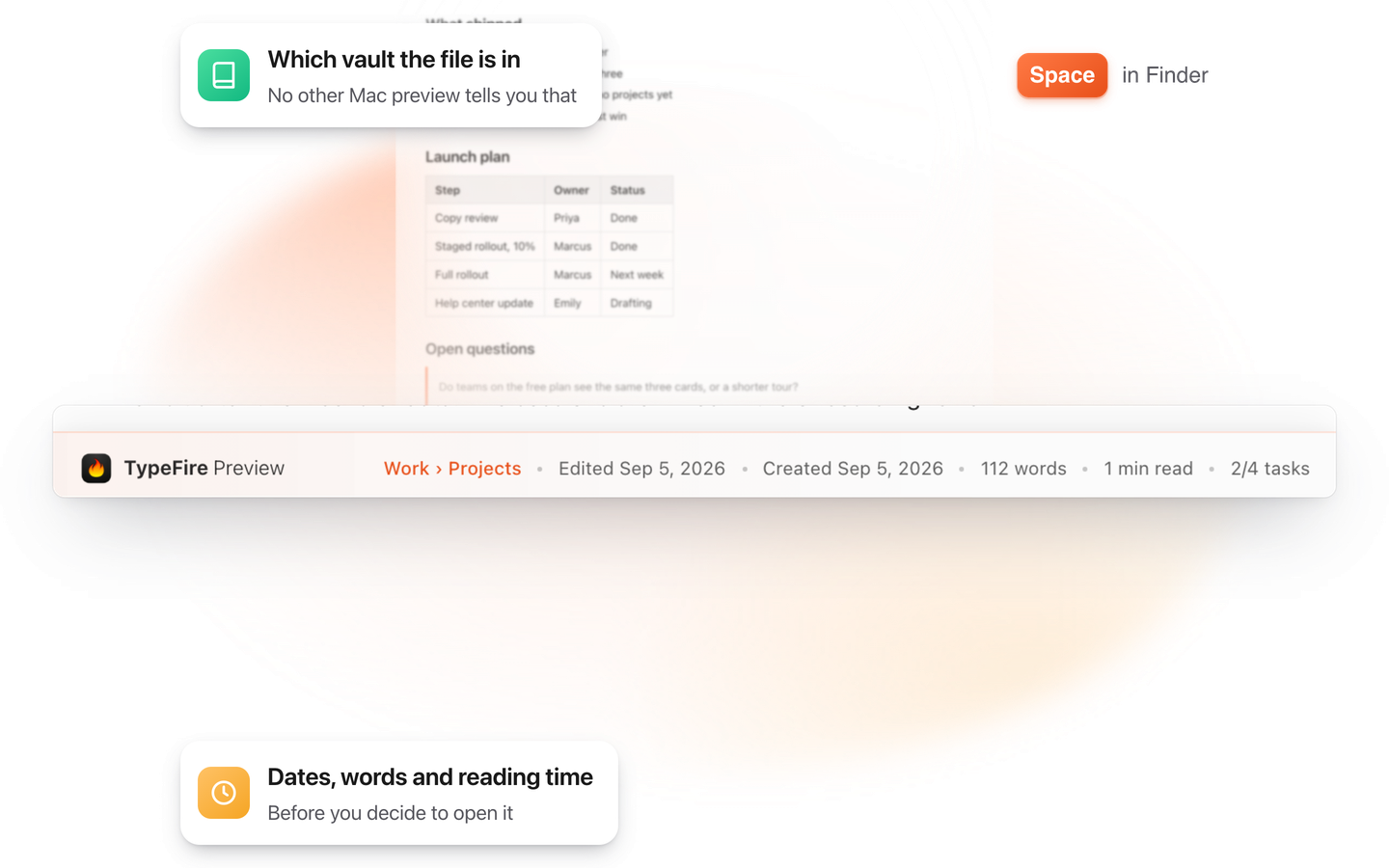 A Markdown file previewed in Finder with the frosted TypeFire Preview bar along the bottom, naming the vault and collection, the dates, the word count and the reading time