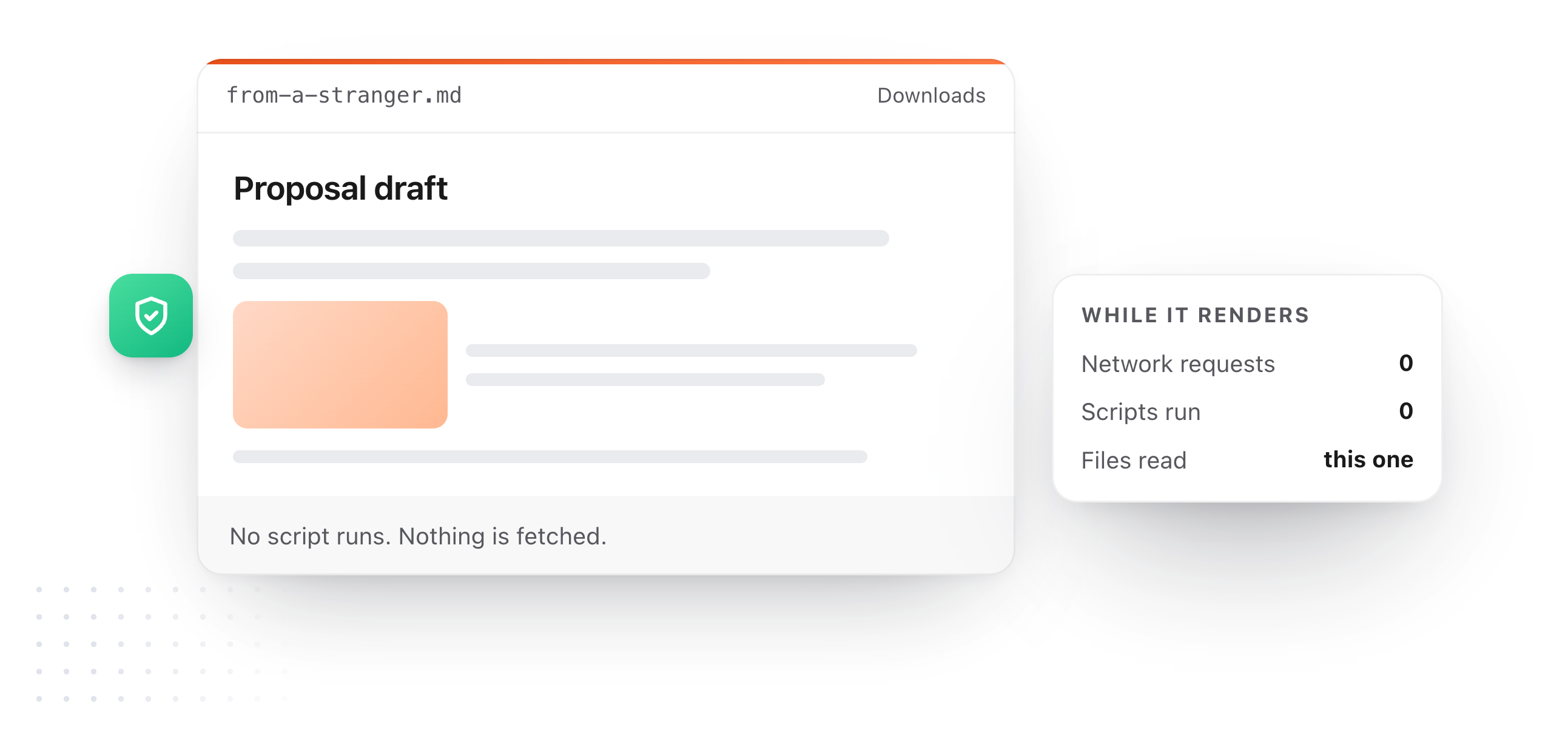 A markdown file from Downloads rendered in Quick Look beside a panel reading zero network requests and zero scripts run