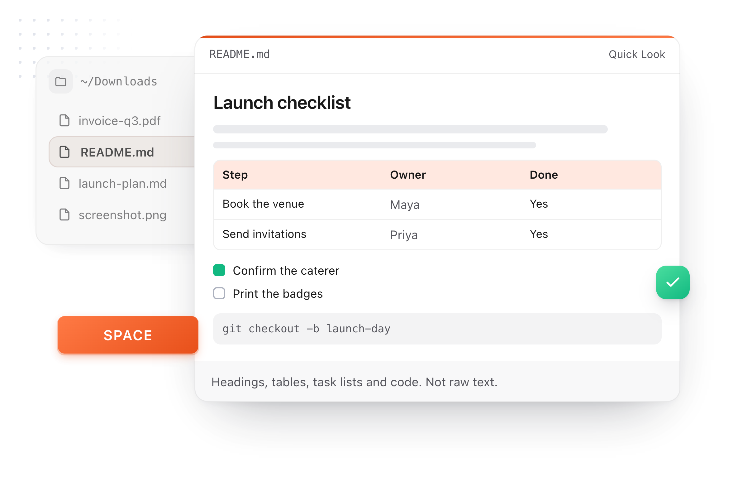 A Finder folder with README.md selected and the Quick Look panel showing it rendered, with a Space keycap