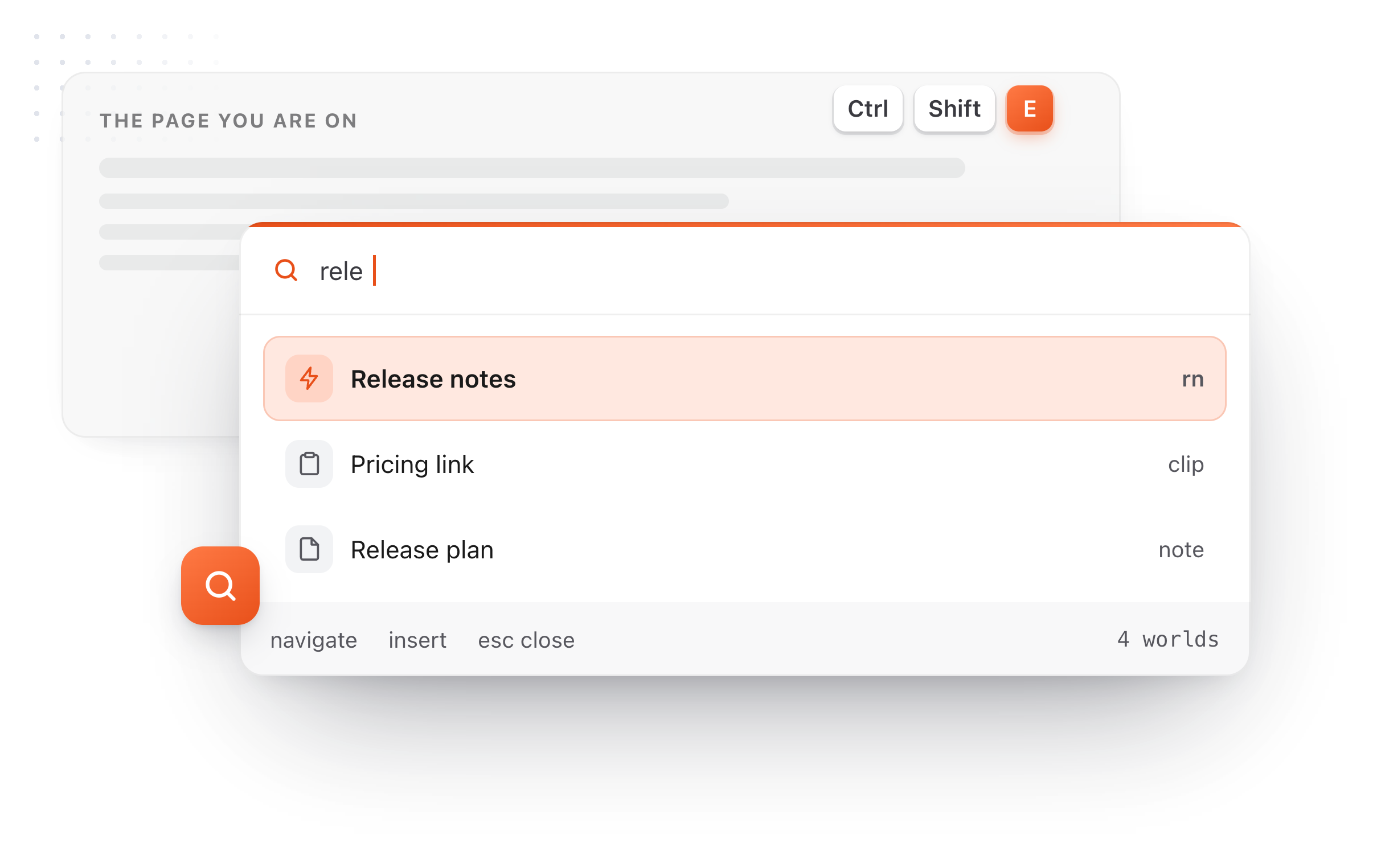 The TypeFire Spotlight open over a web page, with clips, snippets and notes in one search