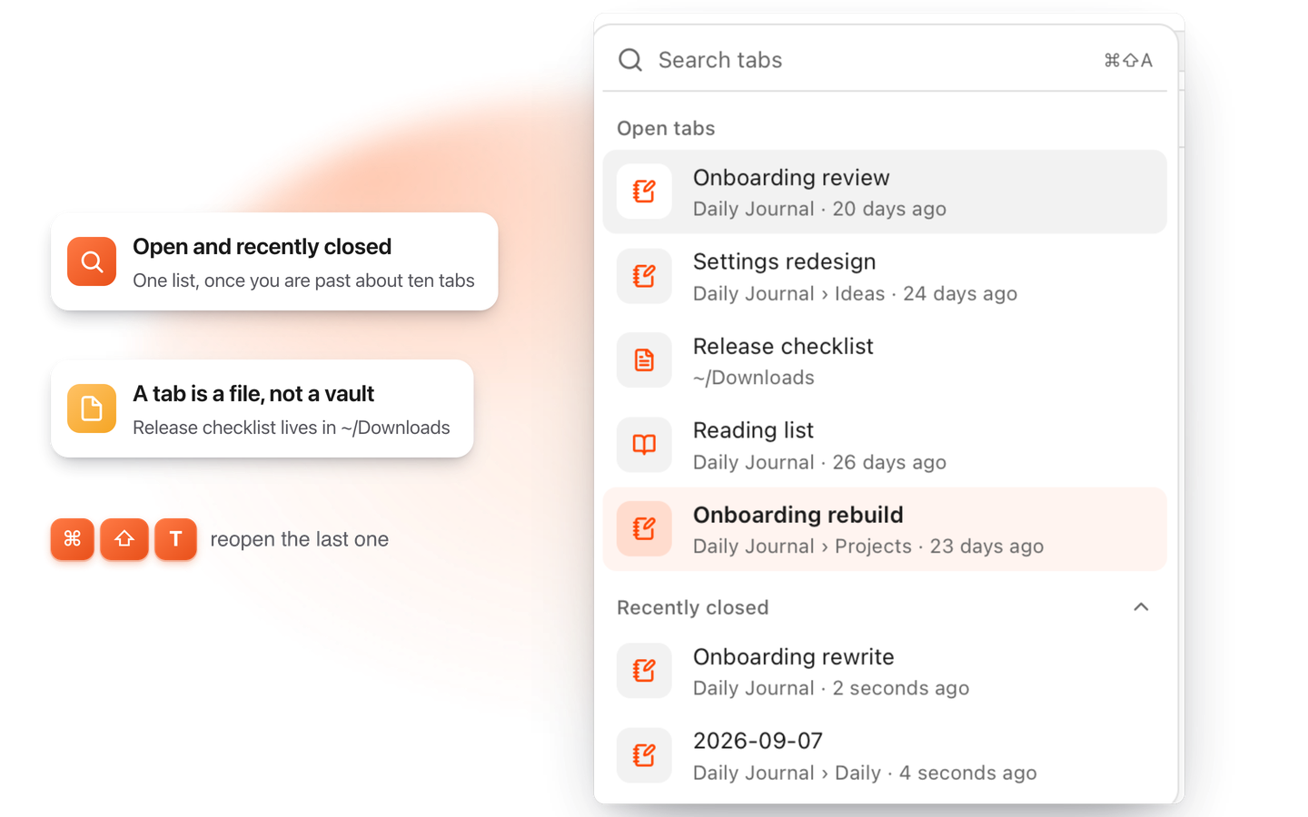 TypeFire's tab search listing open tabs and recently closed ones, with each tab's vault and collection, including a Markdown file from the Downloads folder