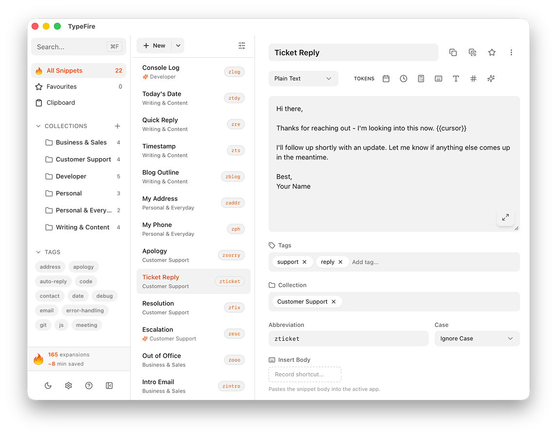 TypeFire app showing snippet collections, editor, and abbreviation triggers