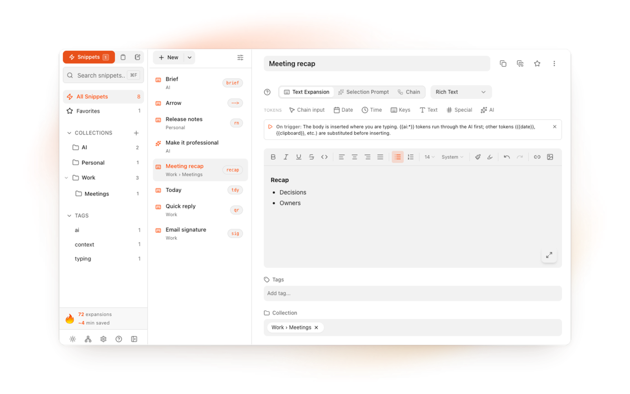 TypeFire open in its own Chrome tab, with the snippet library, the editor, and Notes and Clips a click away