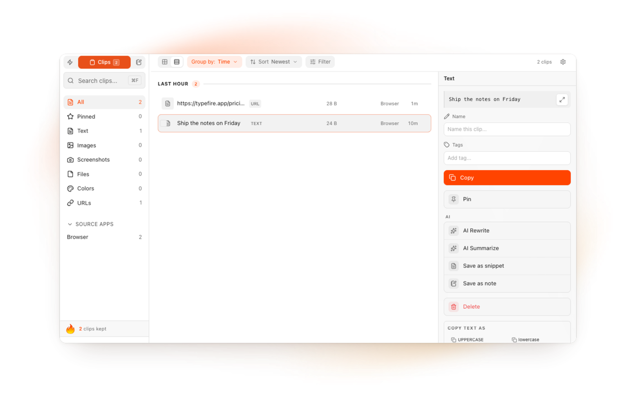 Clips in TypeFire for Chrome: recent copies from web pages, searchable and pinnable