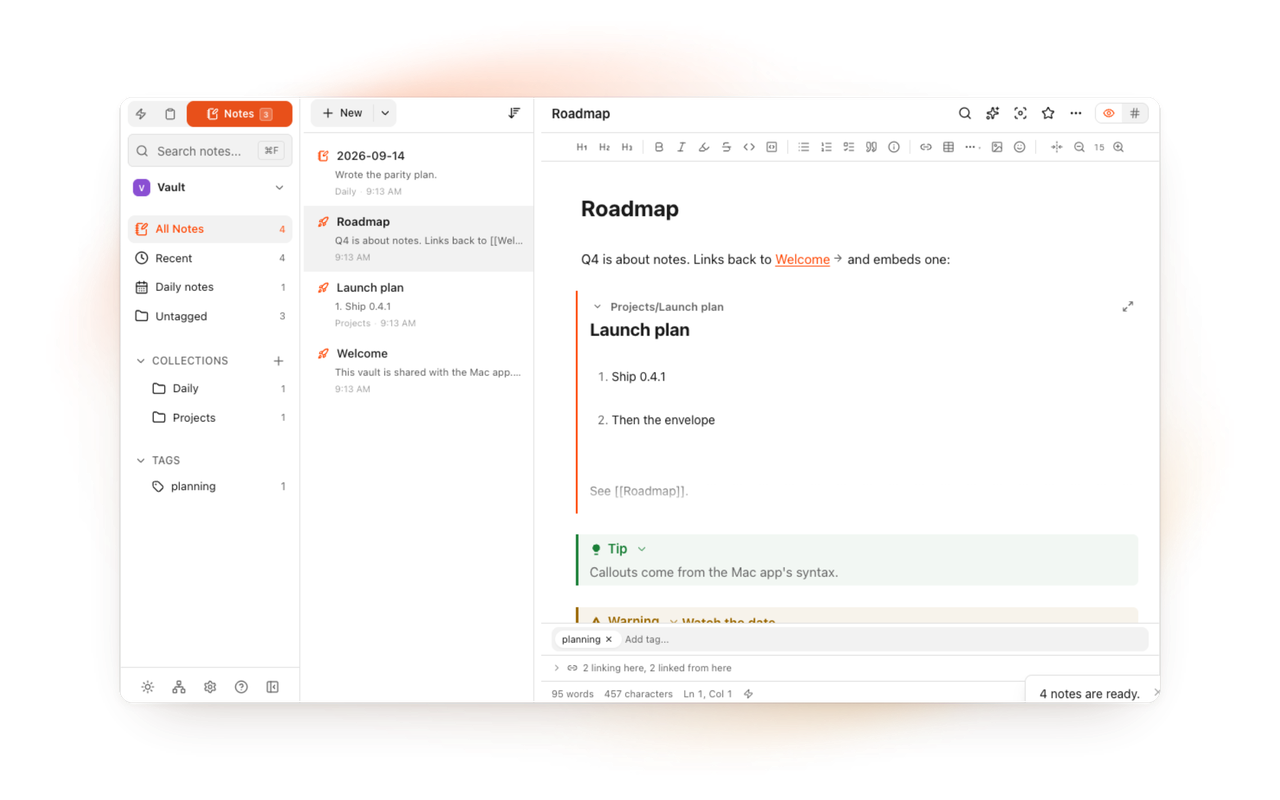 A Markdown note open in a tab in TypeFire for Chrome, with wikilinks and a task list