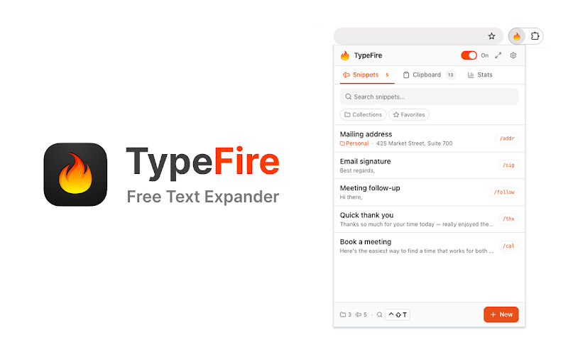 TypeFire Chrome popup displaying the snippet collection with abbreviation shortcuts for signatures, addresses, and follow-ups