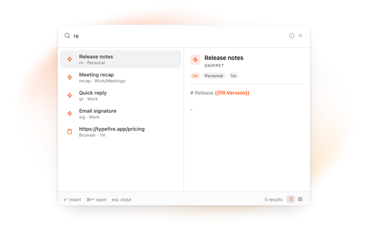 The TypeFire Spotlight open over a web page, with snippets, notes and clips in one search
